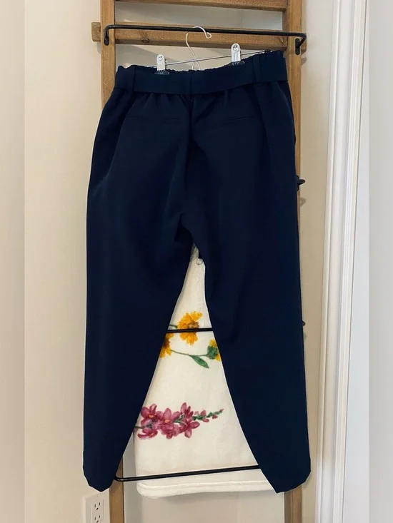 LOFT Navy Tie-Belt High-Rise Tapered Leg Trousers - Picture 3 of 10